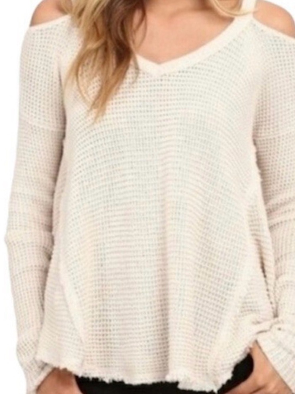 Free People Women's Cream Cold-Shoulder Waffle Knit Sweater